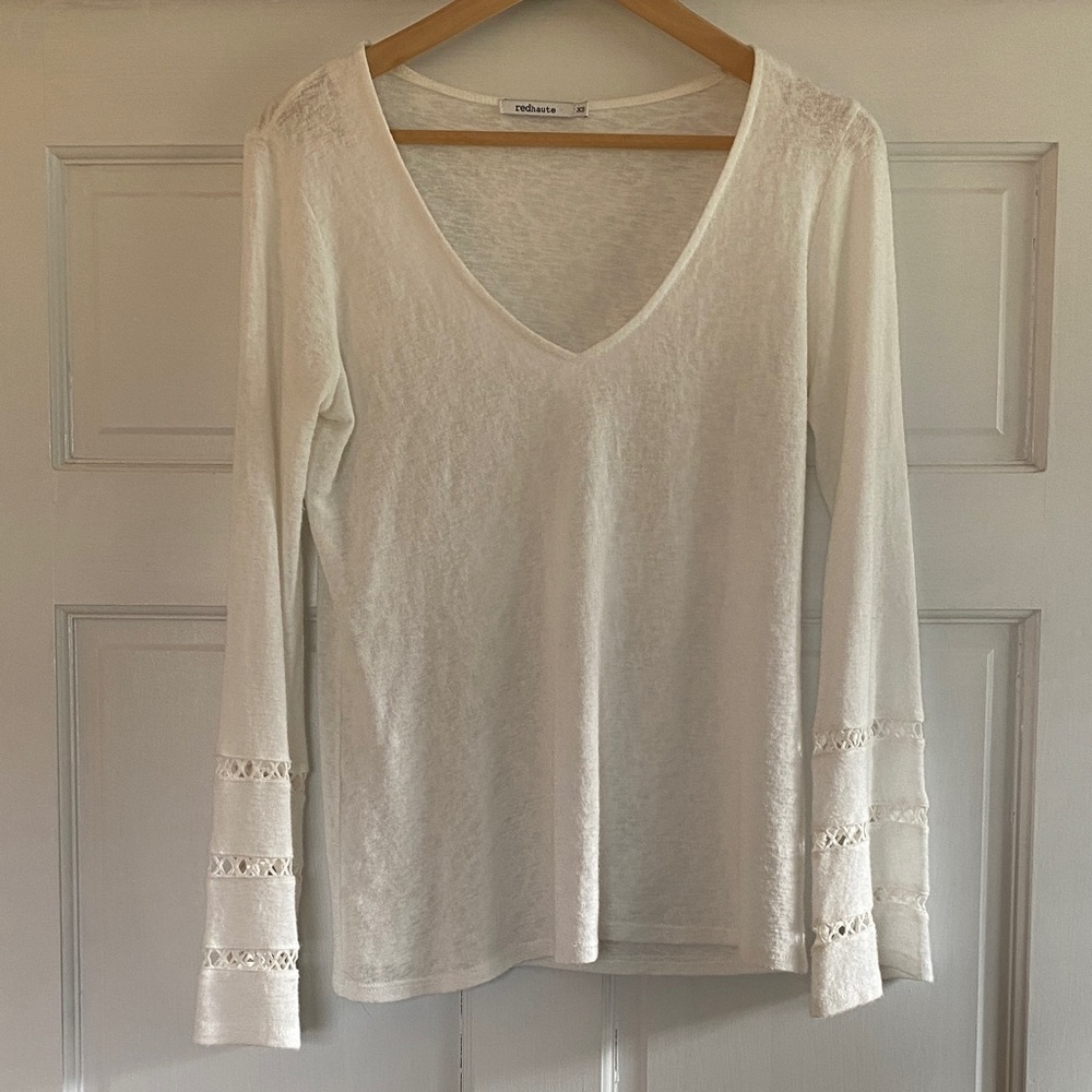 White V-Neck Long Sleeve Top